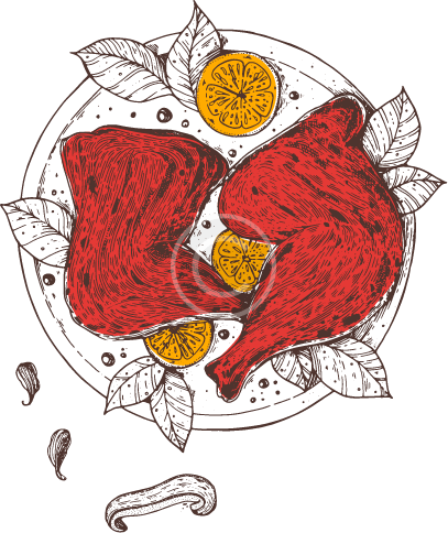 Chicken wings with orange slices and leaves on a black background